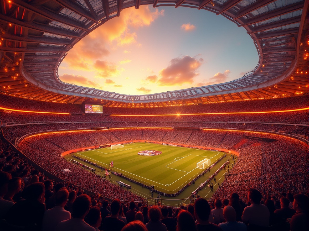 Prompt: Amber color, modern stadium, unique architecture, curved lines, sleek design, LED lights, transparent roof, sunset glow, evening atmosphere, warm ambient lighting, detailed seats, rows of audience, cheering crowd, sports event, energetic vibe, dynamic composition, high-angle shot, dramatic shadows, 3/4 perspective, shallow depth of field, futuristic feel.