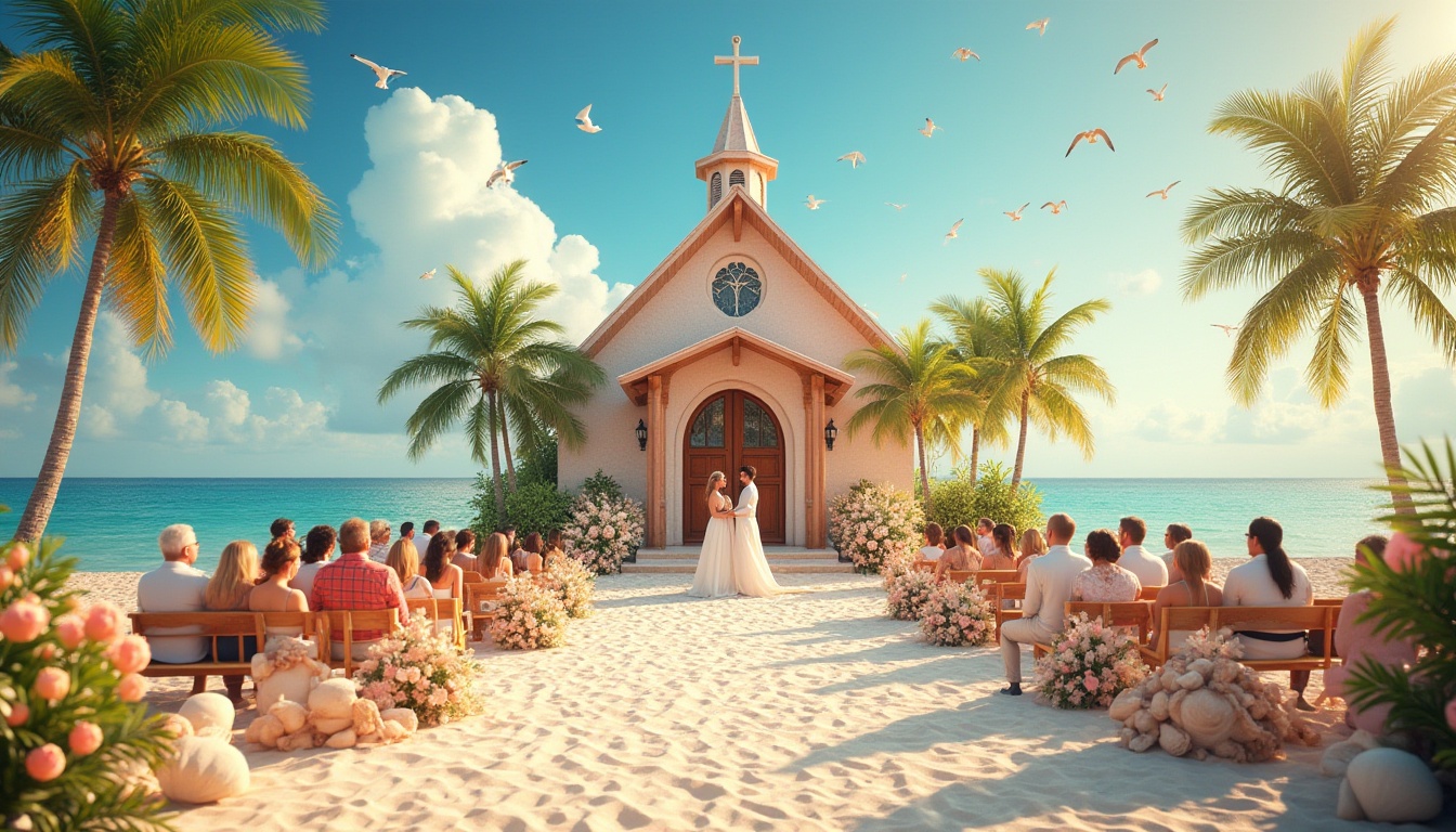 Prompt: Warm apricot color, beach church, tropical vibe, sunny day, clear blue sky, puffy white clouds, seagulls flying overhead, gentle ocean breeze, palm trees swaying, sandy path leading to entrance, wooden door with shell decorations, stained glass windows, soft warm lighting, peaceful atmosphere, romantic wedding scene, happy couple exchanging vows, guests in casual beach attire, floral arrangements with seashells and starfish, driftwood benches, natural textures, serene composition, dreamy focus.