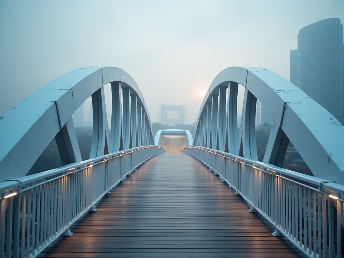 Prompt: Modern pedestrian bridge, sleek academic style, steel arch structure, white concrete pillars, wooden decking, minimalist railings, subtle LED lighting, urban landscape, cityscape, skyscrapers, misty morning, soft focus, atmospheric perspective, shallow depth of field, 3/4 composition, dramatic low-angle shot, cinematic mood, HDR.