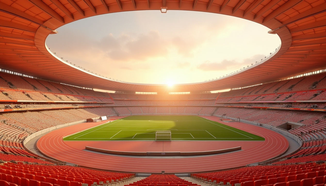 Prompt: Peach color stadium, panoramic view, sunset time, warm soft light, gentle shadows, curved lines, modern architecture, unique design, grandstand seats, vibrant peach tone, contrast with green grass, athletic tracks, sports equipment, goalposts, cheering crowd, dynamic atmosphere, low-angle shot, wide-angle lens.