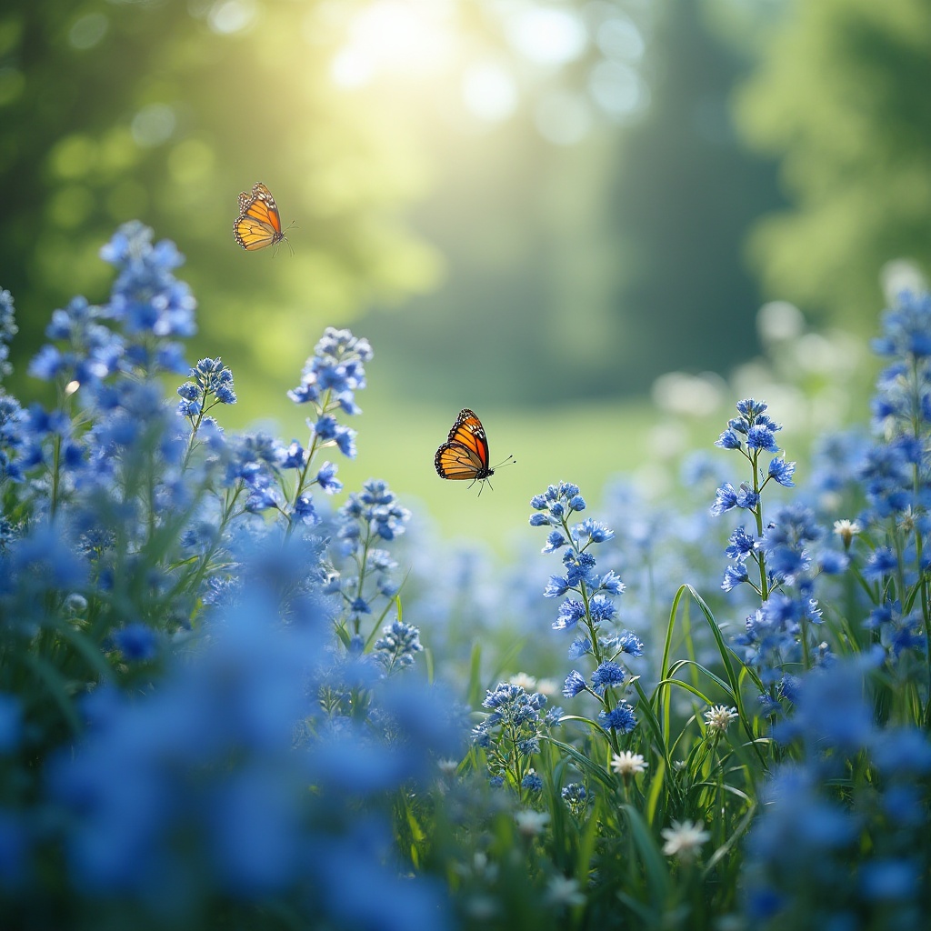 Prompt: Vibrant atmosphere, blue dominant color scheme, bright sunny day, outdoor setting, beautiful garden, lush greenery, vibrant blue flowers, delicate butterflies, warm gentle breeze, soft focus background, shallow depth of field, 3/4 composition, natural light, cinematic color grading, HDR.