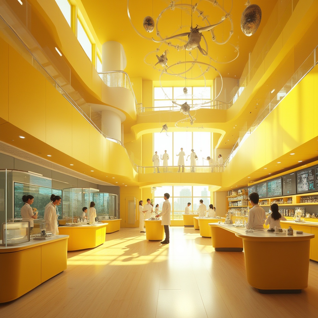 Prompt: Bright light yellow walls, science center interior, modern architecture, futuristic design, clean lines, minimalist decorations, large windows, natural lighting, wooden floors, metal railings, glass partitions, interactive exhibits, 3D models, holographic displays, enthusiastic scientists, lab coats, goggles, microscopes, beakers, test tubes, sleek furniture, innovative atmosphere, warm color scheme, harmonious composition, soft focus, shallow depth of field.