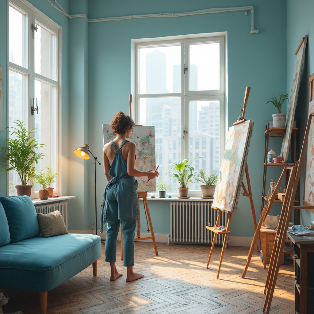 Prompt: Powder blue art studio, spacious interior, natural light pouring through large windows, elegant wooden floor, minimalist decor, powder blue accent wall, modern abstract artwork, solo female artist, messy hair, paint-stained apron, holding a palette, standing near an easel, surrounded by half-finished canvases, colorful paints and brushes scattered around, cozy reading nook with a powder blue velvet sofa, floor lamp casting warm light, plants on shelves, urban cityscape outside the window, soft focus, pastel color tone, calming atmosphere.