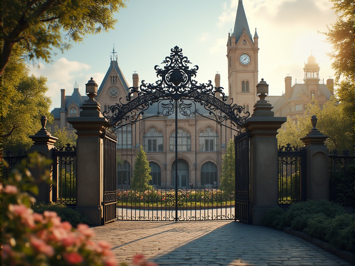 Prompt: Romanticism style school, incorporating steel material, grandiose entrance gate, intricate steel carvings, Victorian-era inspired architecture, majestic clock tower, Gothic-style pointed arches, stained glass windows, ornate steel railings, lush greenery, blooming flowers, sunny afternoon, warm lighting, soft focus, 3/4 composition, elegant, sophisticated, nostalgic atmosphere.