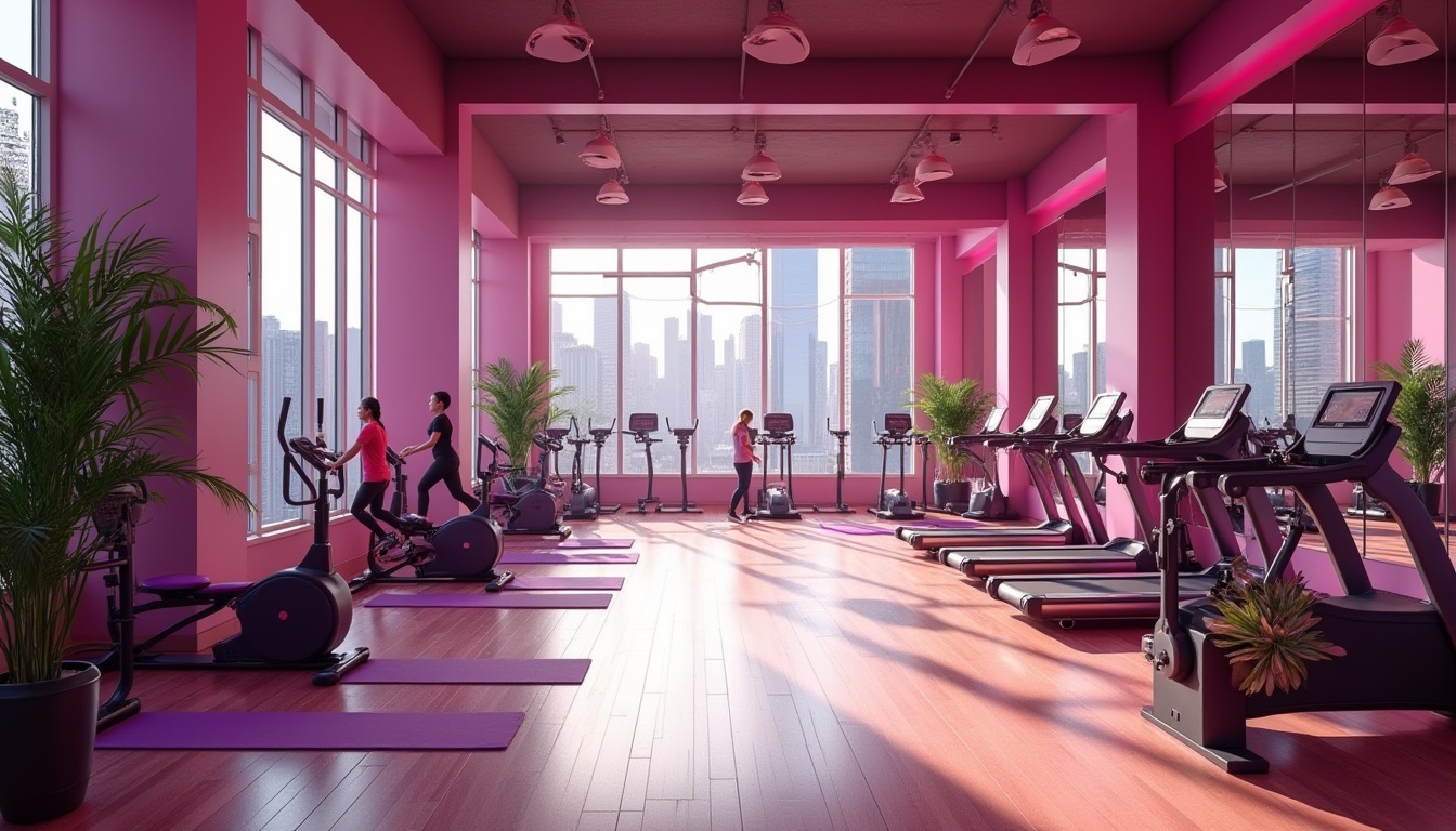 Prompt: Modern fitness club interior, vibrant orchid color scheme, metallic equipment, mirrors, wooden floors, potted plants, natural light pouring through floor-to-ceiling windows, urban skyscraper view outside, energetic atmosphere, dynamic lighting, 3/4 composition, shallow depth of field, warm and inviting ambiance, orchid-colored walls, pillars, and accents, sleek lines, minimalist decor, fitness enthusiasts in motion, yoga mats, exercise bikes, free weights, and treadmills.