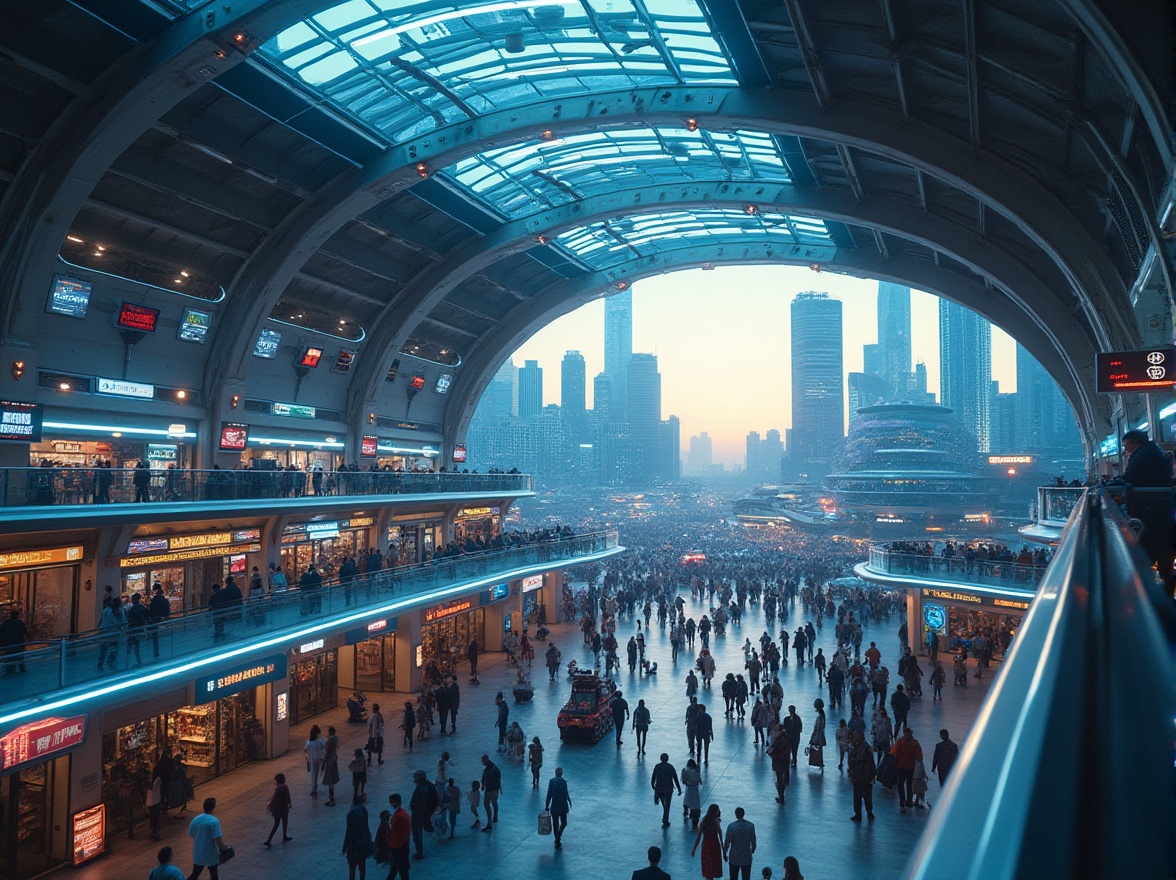 Prompt: Futuristic transportation hub, sleek curved architecture, glowing neon lights, bustling atmosphere, people in motion, holographic advertisements, transparent glass roof, steel beams, escalators, staircases, modern cityscape, urban landscape, towering skyscrapers, busy streets, evening rush hour, dynamic composition, cinematic lighting, 3/4 shot, low-angle perspective, high-tech gadgets, robots assisting commuters, automated systems, sustainable energy sources, electric vehicles, hyperloop tubes, levitating transportation pods.