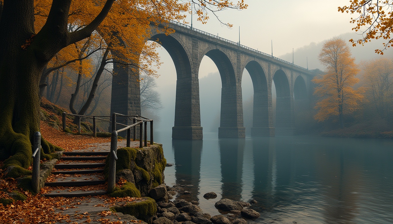 Prompt: Granite, bridge construction, majestic arches, robust pillars, rough stone texture, natural cracks, monumental structure, industrial atmosphere, misty morning light, foggy riverbank setting, tranquil water reflections, autumn foliage surrounding, vibrant greenery, moss-covered stones, ancient trees towering above, rustic metal railings, weathered wooden planks, worn stone stairs, dramatic low-angle shot, cinematic composition, warm golden lighting.