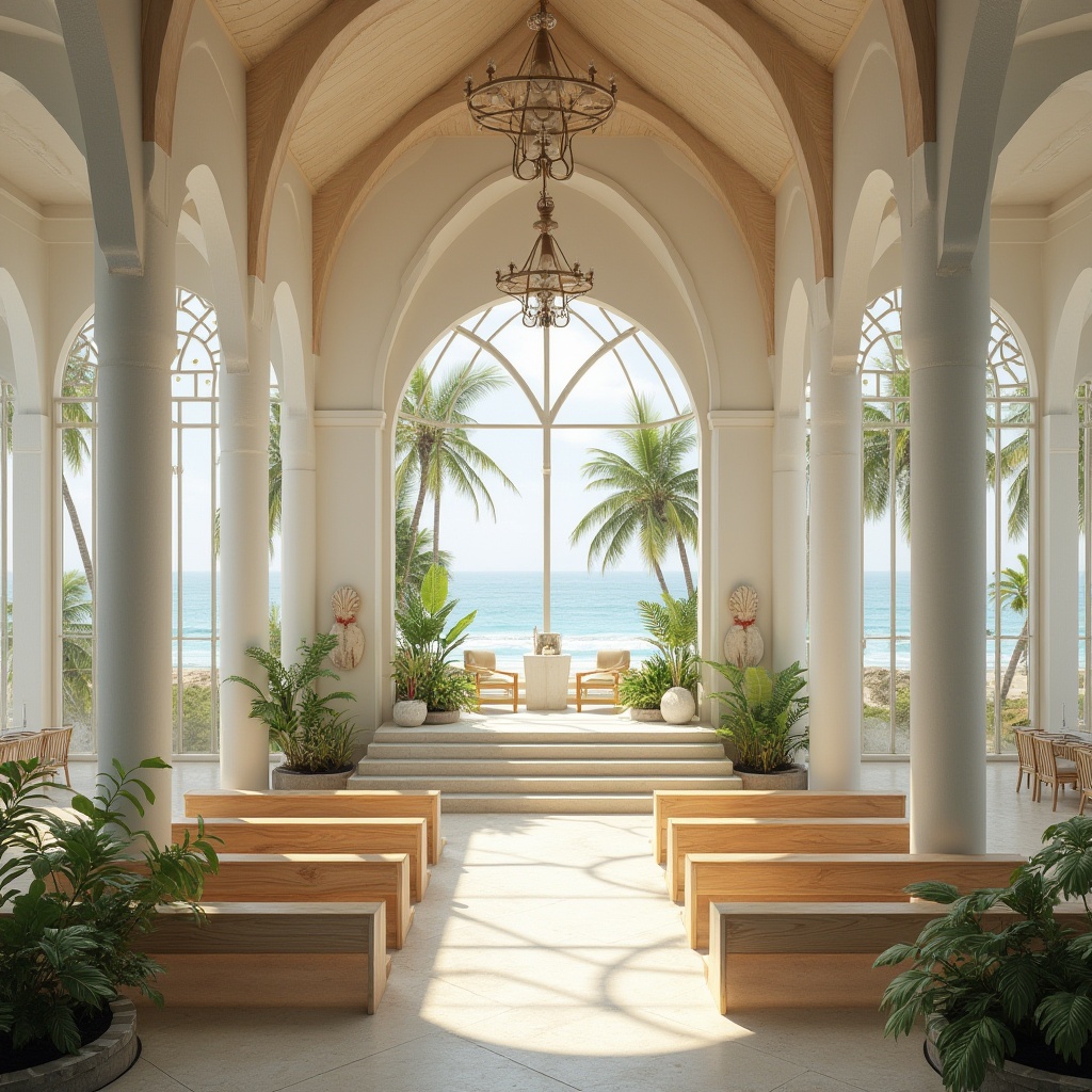 Prompt: Beachside church, tropical architecture, white walls, stained glass windows, coastal themed decorations, nautical elements, driftwood accents, seashell patterns, ocean-inspired statues, breezy atmosphere, natural ventilation, open spaces, minimal ornamentation, soft sandy color palette, seaside landscape, palm trees surrounding, sunny daytime, warm lighting, aerial view, symmetrical composition, dramatic entrance, grand staircase, vaulted ceiling, peaceful ambiance.