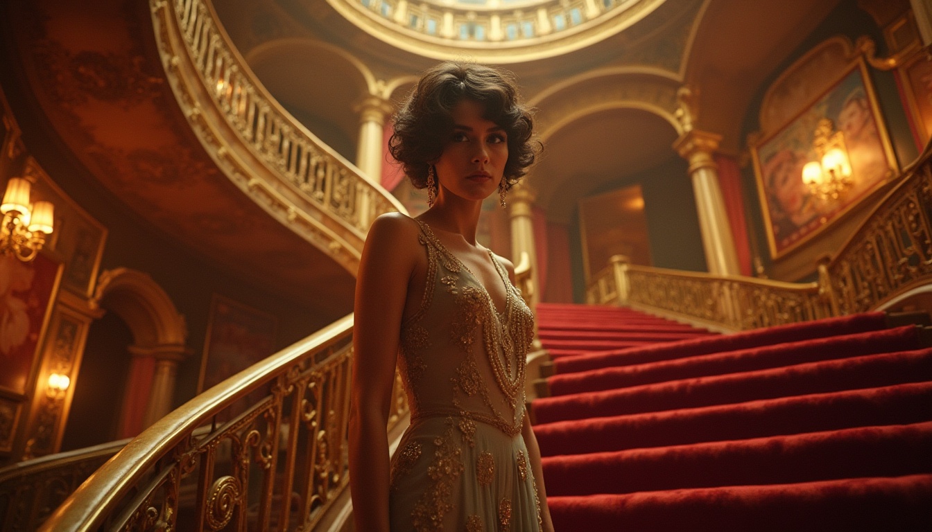 Prompt: Art Nouveau cinema, luxurious golden decorations, ornate curves, flowing lines, elegant architecture, grand staircase, red velvet curtains, intricate ironwork, lavish chandeliers, ornate mirrors, soft warm lighting, richly textured carpets, vintage camera equipment, film reels, classic movie posters, beautiful leading lady, 1920s inspired fashion, luxurious hairstyle, pearls jewelry, sophisticated makeup, posing on the grand staircase, dramatic low-angle shot, cinematic composition, warm color palette, soft focus, nostalgic atmosphere.