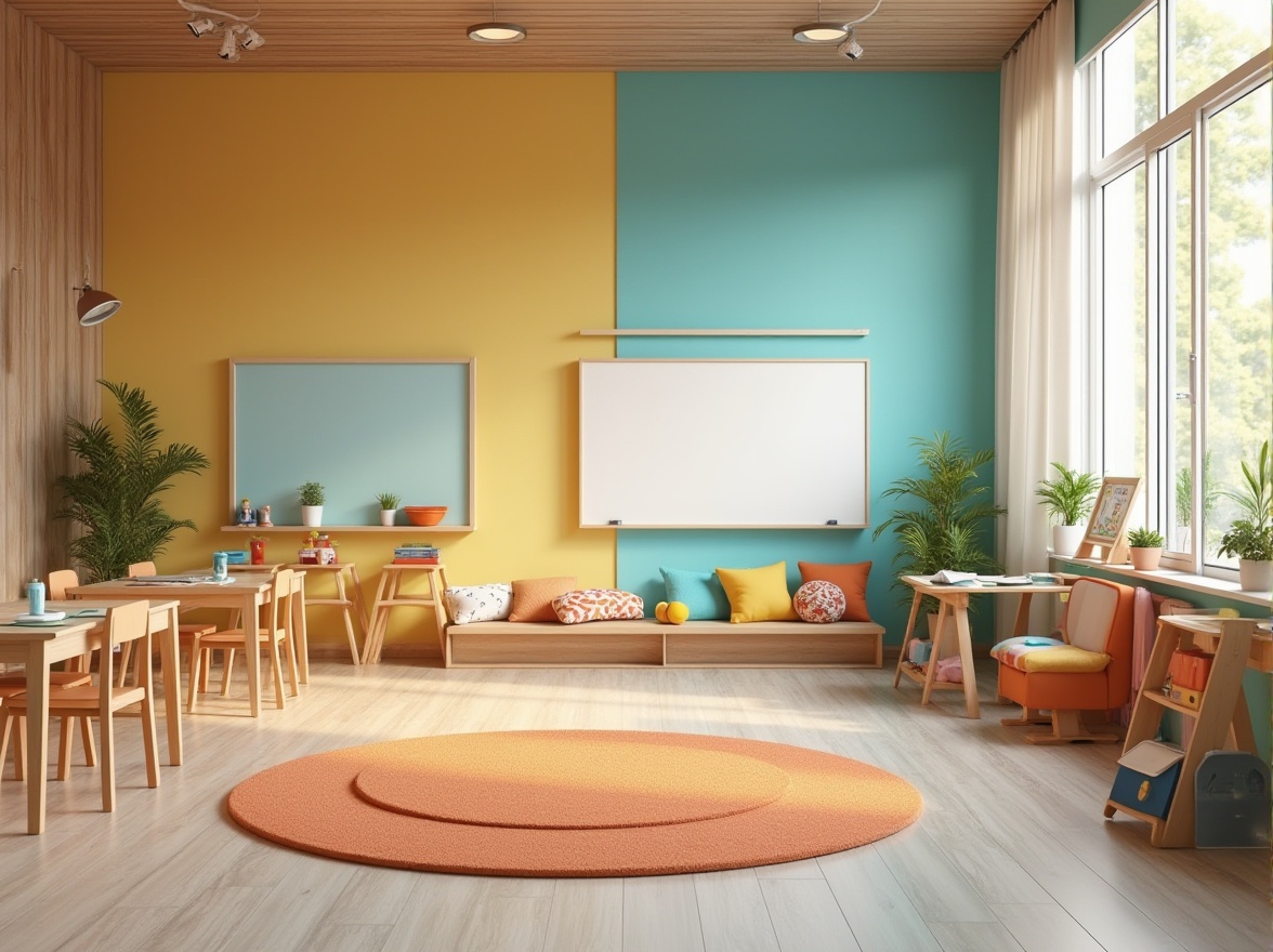 Prompt: Modern kindergarten interior, colorful walls, minimalist furniture, wooden tables, ergonomic chairs, interactive whiteboards, playful area rugs, natural light pouring in through large windows, potted plants, educational toys scattered around, circular reading nook with pillows, creative art corner with easels, inspiring quotes on the walls, soft ambient lighting, warm atmosphere, 3/4 composition, vibrant colors, shallow depth of field, Nordic design style.