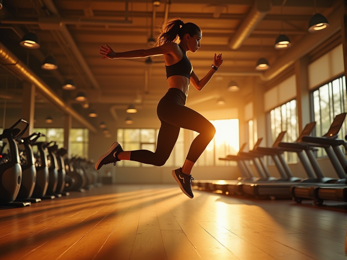 Prompt: Golden color accents, modern gymnasium interior, bright artificial lighting, rows of treadmills, stationary bicycles, weightlifting equipment, mirrors on walls, wooden flooring, athletic tracksuits, sporty hairstyles, fitness trackers on wrists, energetic poses, jumping, stretching, sweating, intense facial expressions, shallow depth of field, vibrant color contrast, 3/4 composition, low-angle shot, dynamic atmosphere.