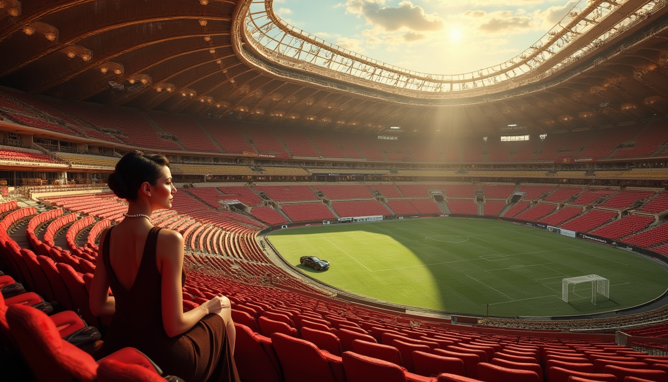 Prompt: Art Deco football stadium, luxurious VIP area, curved lines, geometric patterns, metallic materials, ornate details, grand staircases, lavish chandeliers, rich velvet seats, elegant female spectator, 1920s inspired hairstyle, pearl necklace, luxury sports car parked outside, sunny afternoon, warm lighting, dramatic shadows, low-angle shot, symmetrical composition.