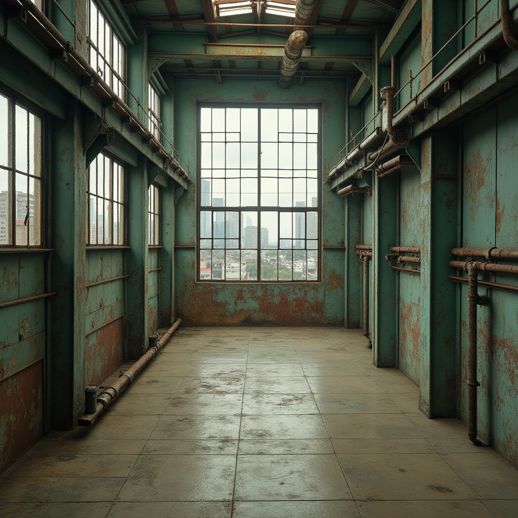 Prompt: Wheat color palette, factory green architecture, industrial-style building, rusty metal walls, large windows, vertical pipes, concrete floors, exposed ductwork, modern minimalist interior, urban cityscape, cloudy day, soft natural light, warm atmospheric perspective, high-angle shot, 3/4 composition, realistic textures, detailed structures.