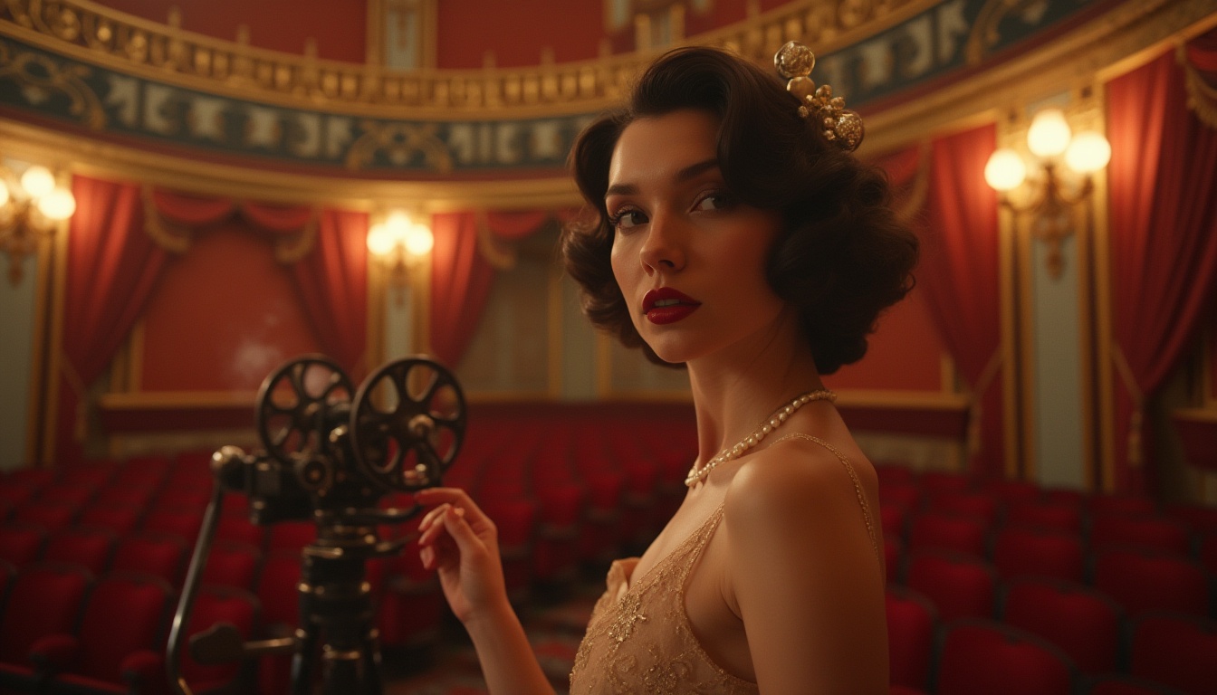 Prompt: Art Nouveau cinema interior, ornate decorations, curved lines, flowing patterns, luxurious fabrics, velvet curtains, intricate moldings, grand staircase, golden lighting fixtures, soft warm glow, intimate atmosphere, solo woman, 25yo, elegant hairstyle, pearl necklace, red lips, evening gown, satin texture, delicate fingers holding a film reel, cinematic camera, vintage movie projector, ornate frames, subtle smoke effects, shallow depth of field, warm color palette, romantic mood, sophisticated ambiance, 1920s style.