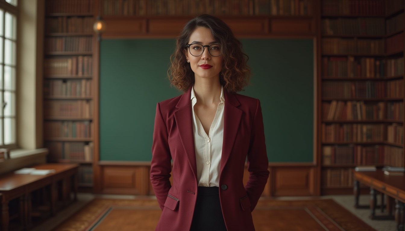 Prompt: Burgundy academic setting, mature lady professor, 40yo, glasses, curly brown hair, elegant makeup, red lipstick, white blouse, burgundy blazer, black skirt, high heels, standing, lecturing, wooden desk, green chalkboard, rows of bookshelves, warm lighting, cozy atmosphere, panoramic view, cinematic composition, soft focus, vintage tone.