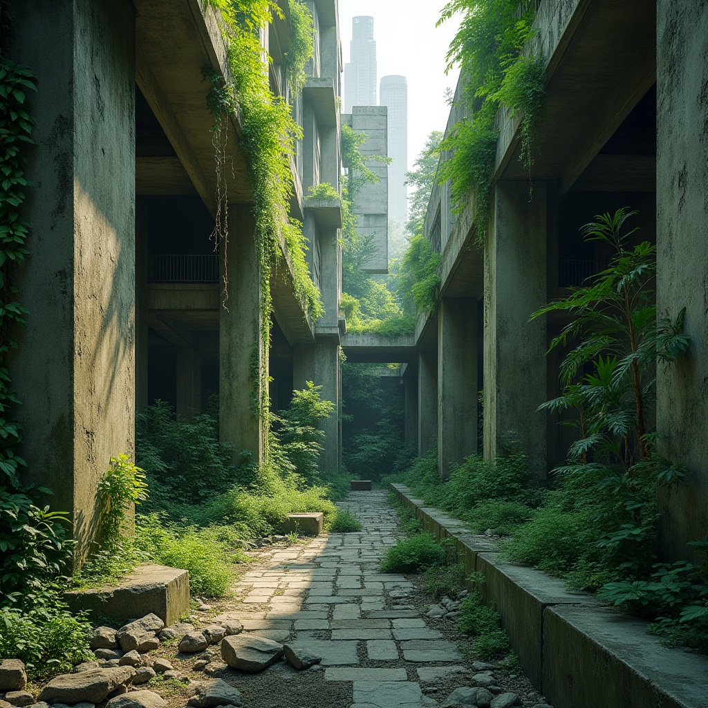 Prompt: Brutalist architecture, green accents, lush foliage, concrete walls, rough textures, industrial pipes, metal beams, reclaimed wood, natural lighting, urban jungle, cityscape, modern skyscraper, abstract shapes, geometric patterns, vibrant greenery, ivy-covered walls, mossy stones, overgrown ruins, abandoned factory, post-apocalyptic atmosphere, cinematic composition, low-key lighting, dramatic shadows.