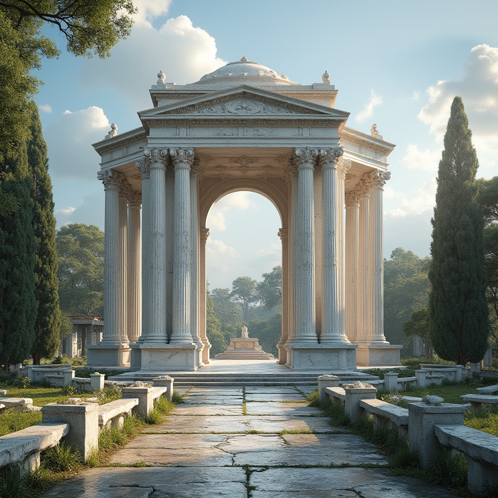 Prompt: Ancient Greek-inspired monument, elegant marble structure, ornate details, intricate carvings, smooth white marble surface, subtle shine, grand scale, symmetrical composition, majestic atmosphere, cloudy blue sky, soft warm lighting, afternoon sun, historic site, ancient ruins, overgrown with vines and moss, weathered stone benches, worn stone pathways.