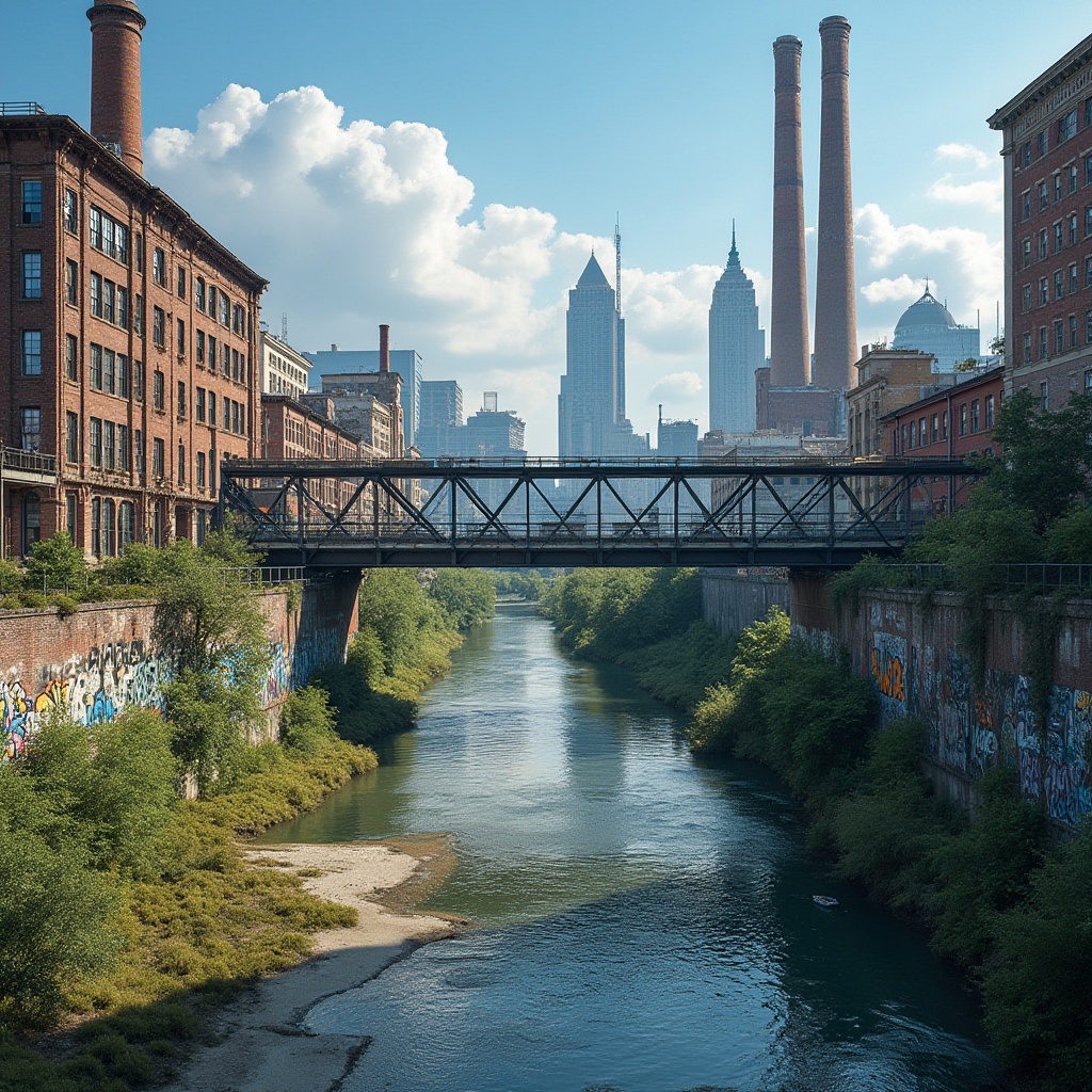 Prompt: Industrial area, pedestrian bridge, steel structure, modern architecture, urban renewal, revitalization, greenery, cityscape, sunny day, blue sky, few white clouds, gentle breeze, vibrant street art, graffiti, urban jungle, abandoned factory, converted loft, trendy cafe, hipster atmosphere, 3/4 composition, wide-angle lens, dramatic lighting, high contrast.