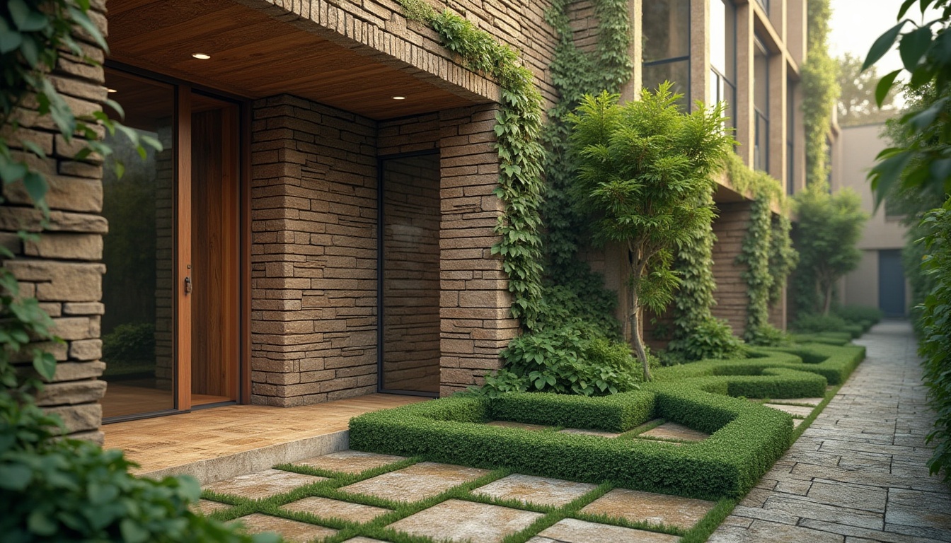 Prompt: Masonry wall, modern architecture, urban building, greenery surrounded, ivy covered, stone bricks, irregular shape, rough texture, natural material, earth tone color, sustainable design, eco-friendly, environmentally conscious, close-up shot, detailed texture, warm lighting, shallow depth of field, contemporary style.