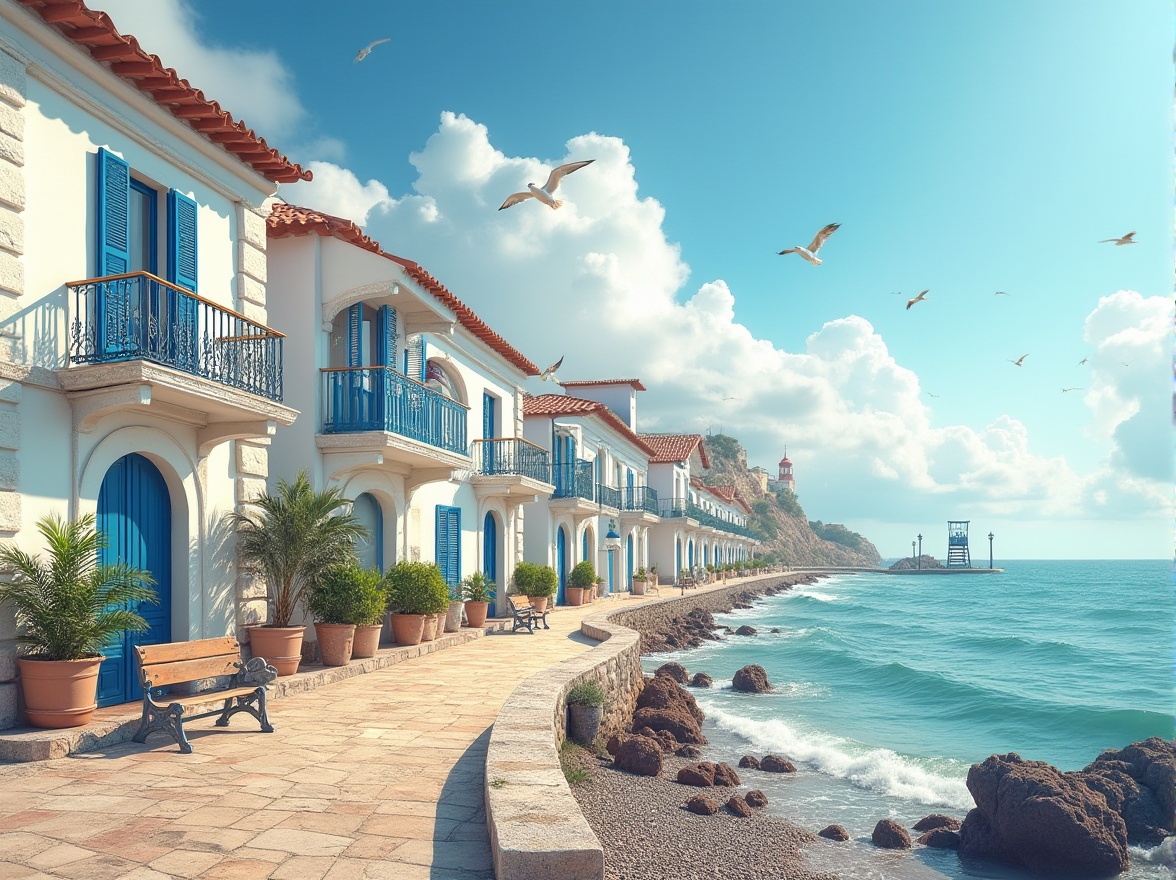 Prompt: Coastal social housing, classicism, seaside, Mediterranean, white walls, blue windows, red roof tiles, ornate doorways, balconies with iron railings, potted plants, wooden shutters, aged stone foundation, weathered wooden benches, seagulls flying overhead, clear blue sky, fluffy white clouds, warm sunlight, gentle sea breeze, sound of waves crashing, pebble beach, driftwood, seaweed-covered rocks, lifeguard tower in the distance, vintage street lamps, nostalgic atmosphere, cinematic composition, soft focus, warm color palette.