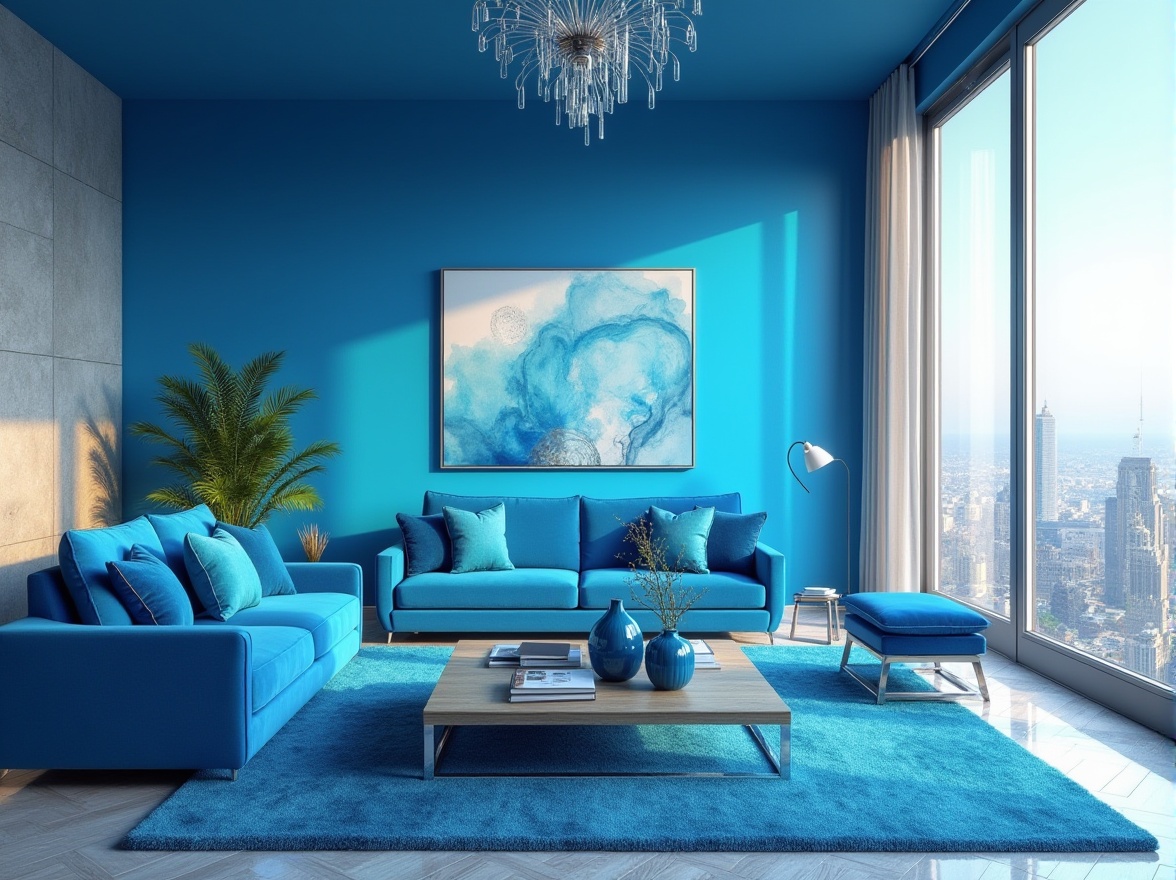 Prompt: vibrant atmosphere, bright blue walls, large windows, modern furniture, sleek coffee table, blue velvet sofa, abstract blue artwork, decorative blue vases, blue glass chandelier, soft blue carpet, blue accent pillows, city view, skyscraper, sunny day, warm lighting, panoramic view, 3/4 composition.