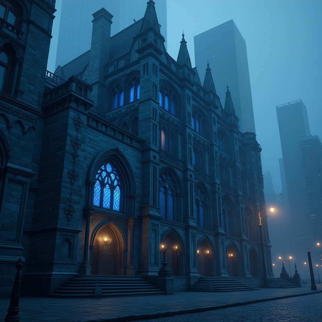 Prompt: Gothic style office building, blue tinted stained glass windows, intricate stone carvings, pointed arches, ribbed vaults, grandiose entrance, dark blue granite walls, mysterious ambient lighting, misty morning atmosphere, foggy cityscape, skyscraper background, 3/4 composition, low-angle shot, dramatic shading, cinematic mood.