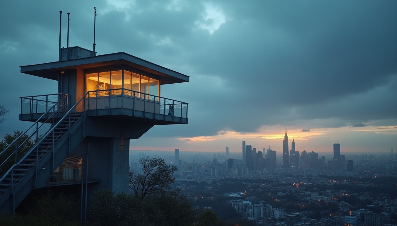 Prompt: Watching towers, Bauhaus style, modern architecture, sleek lines, minimal ornamentation, functional simplicity, industrial materials, steel beams, concrete walls, large windows, minimalist interior, urban landscape, cityscape, metropolitan area, evening atmosphere, warm lighting, soft shadows, cinematic composition, 3/4 view, low-angle shot, dramatic clouds, blue hour, moody ambiance.