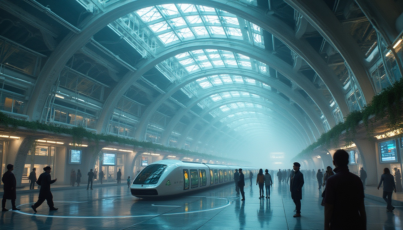 Prompt: Futuristic transportation hub, sleek curves, neon lights, holographic displays, glass dome, steel framework, bustling atmosphere, people in motion, robotic assistants, levitating pods, hyperloop tubes, transparent elevators, greenery walls, misty ambiance, softbox lighting, 3/4 composition, dynamic angles, cinematic mood.