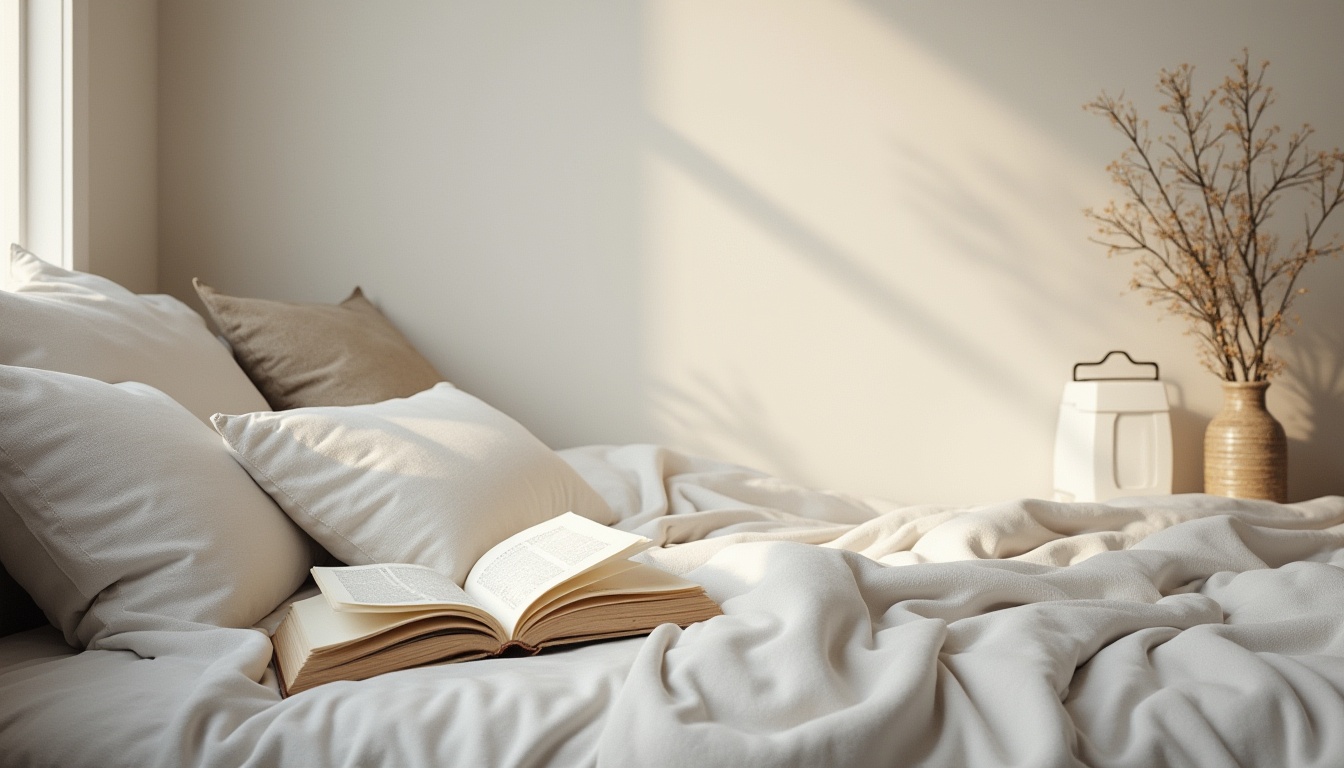 Prompt: Soft light gray tone, calming atmosphere, peaceful ambiance, gentle texture, serene background, minimalist style, solo, modern interior design, Scandinavian decor, cozy reading nook, comfortable pillows, warm lighting, subtle shadows, 3/4 composition, shallow depth of field, soft focus, gentle bokeh, relaxing mood, soothing colors.