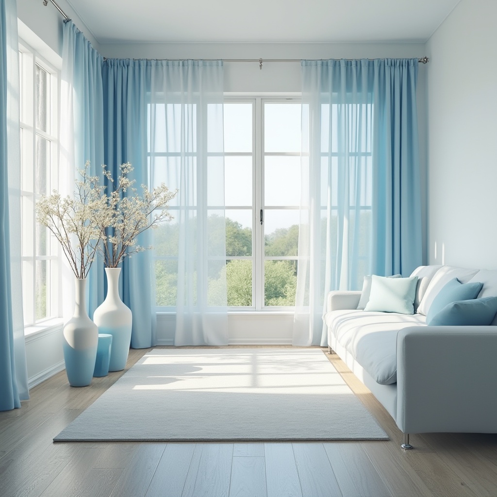 Prompt: Light blue themed house, modern minimalist style, large windows, natural light, white walls, light blue accents, decorative vases, soft cushions, pale blue curtains, wooden floors, minimal furniture, simple lines, calm atmosphere, morning sunlight, gentle shadows, 3/4 composition, soft focus, warm lighting.