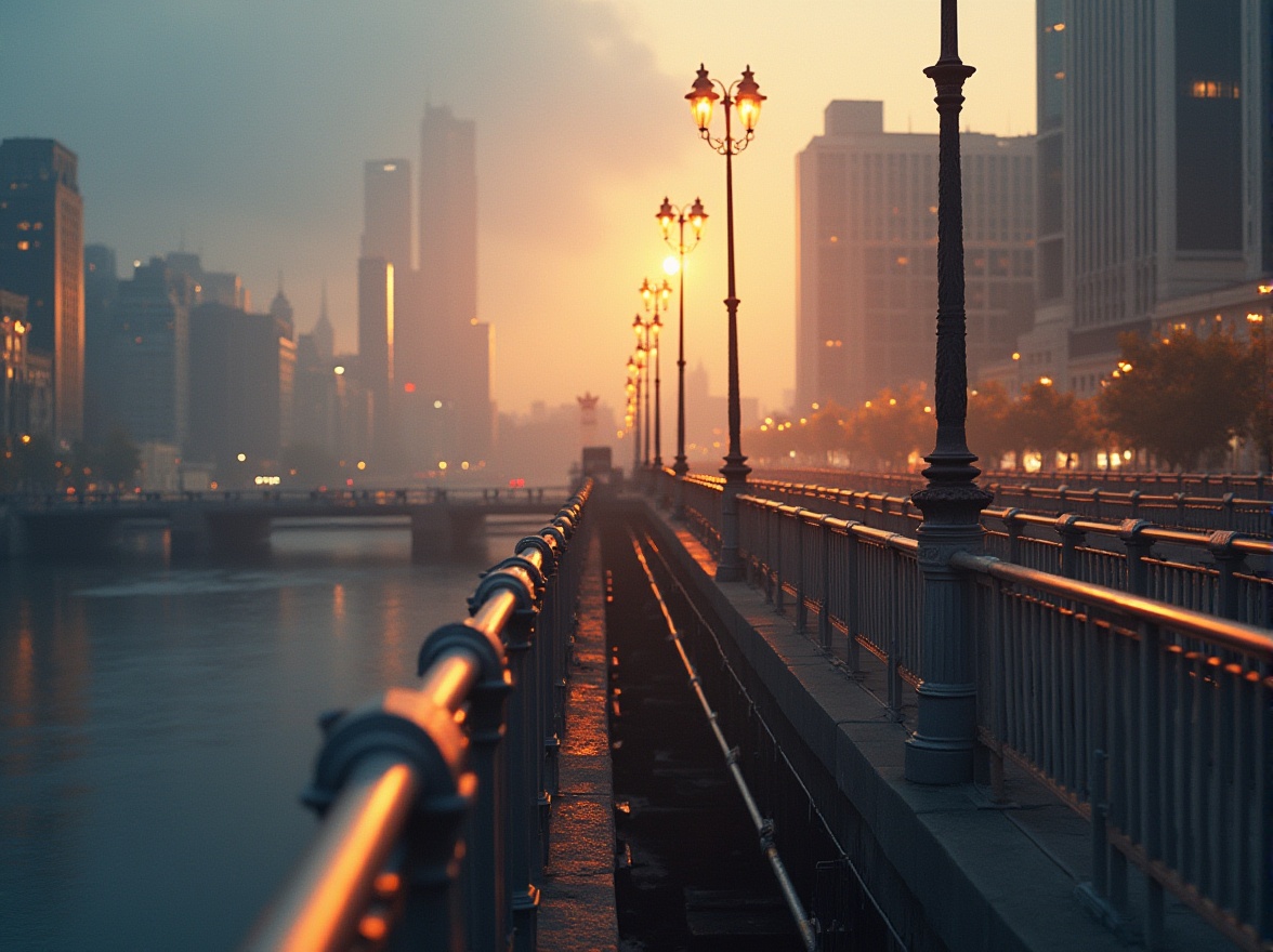 Prompt: Streamline Moderne style bridge, Art Deco-inspired, curved lines, sleek metallic railings, ornate lamp posts, evening scene, warm golden lighting, misty atmosphere, cityscape, river flowing beneath, modern skyscrapers in the background, subtle fog effects, soft focus, cinematic composition, low-angle shot, dramatic shadows, high contrast, detailed textures.