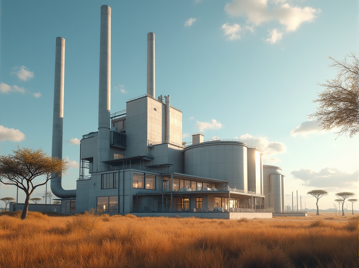 Prompt: Savanna-inspired energy plant, minimalistic design, steel structure, industrial pipes, modern turbines, sleek control rooms, large windows, natural light, African savannah landscape, acacia trees, dry grass, blue sky, few white clouds, warm sunlight, low-angle shot, dramatic composition, shallow depth of field, realistic rendering, cinematic lighting, 3D details.