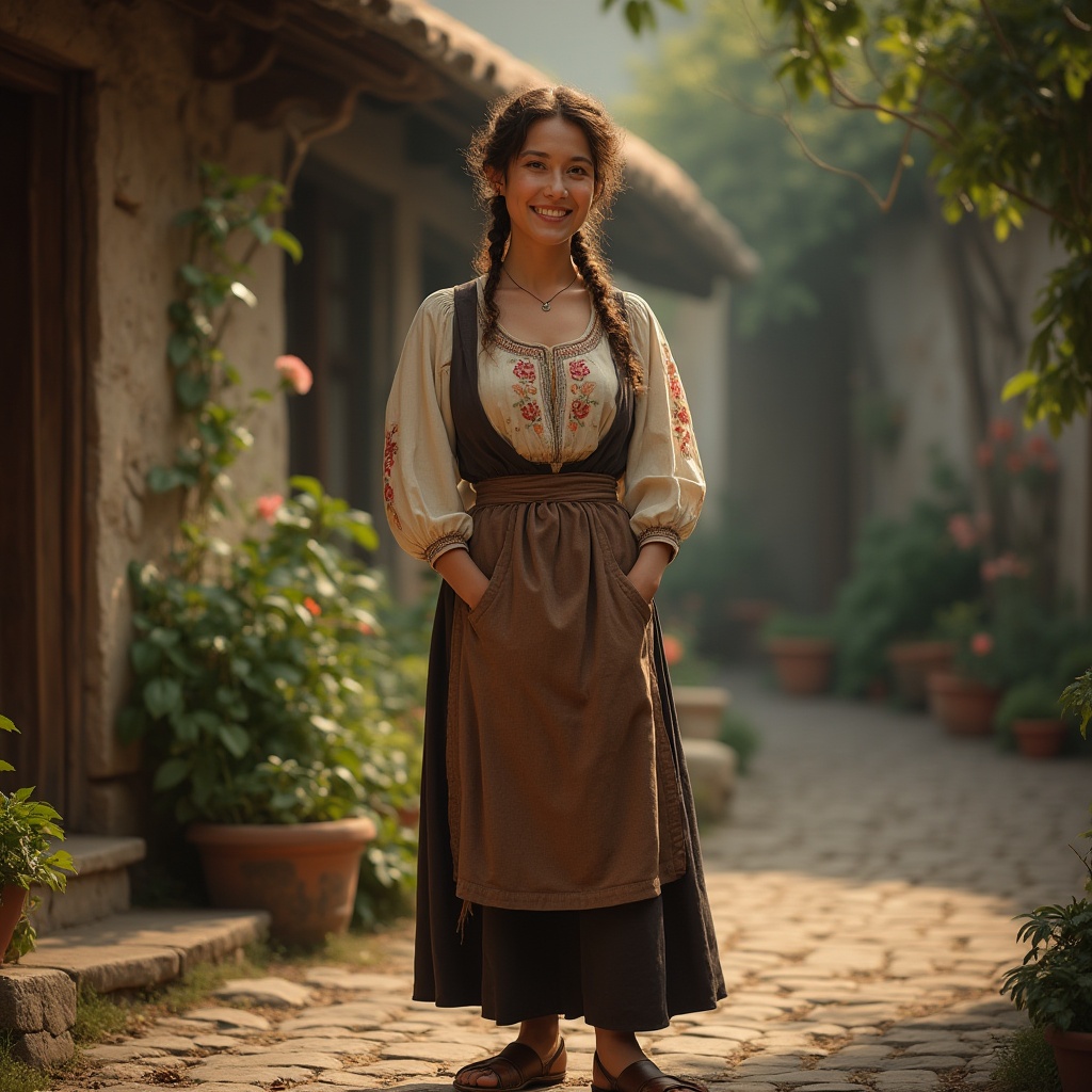 Prompt: Regionalism style, traditional folk costume, mature lady, 40yo, curly brown hair, warm smile, earthy skin tone, embroidered blouse, long skirt, apron, wooden sandals, standing, rural village, stone paved street, old wooden door, flower pots, lush greenery, afternoon sunlight, soft warm lighting, cinematic composition, shallow depth of field, rustic texture.