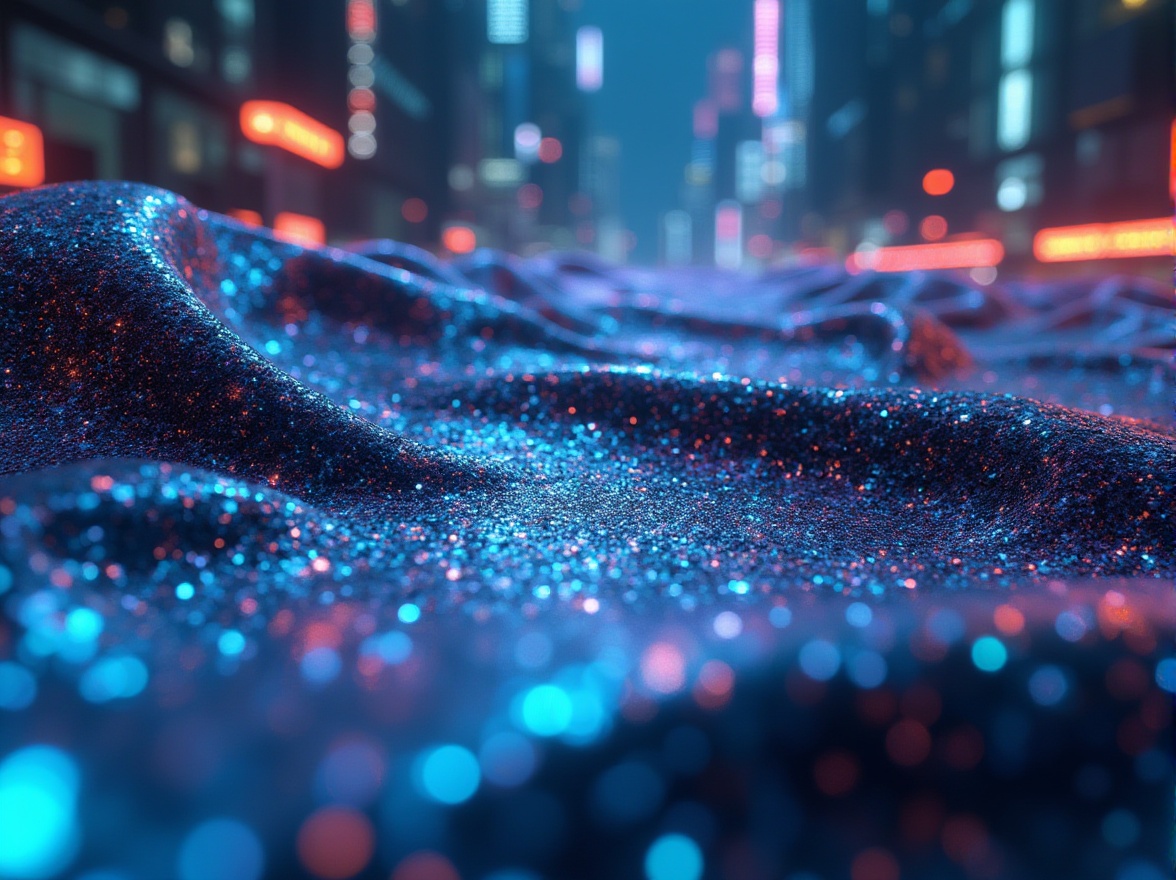 Prompt: High-tech style, futuristic fabric, metallic sheen, iridescent colors, holographic patterns, neon lights, cyberpunk atmosphere, robotic figures, sci-fi cityscape, skyscraper backdrop, sleek lines, geometric shapes, LED lights, glass surfaces, reflective materials, 3/4 composition, low-angle shot, dramatic lighting.