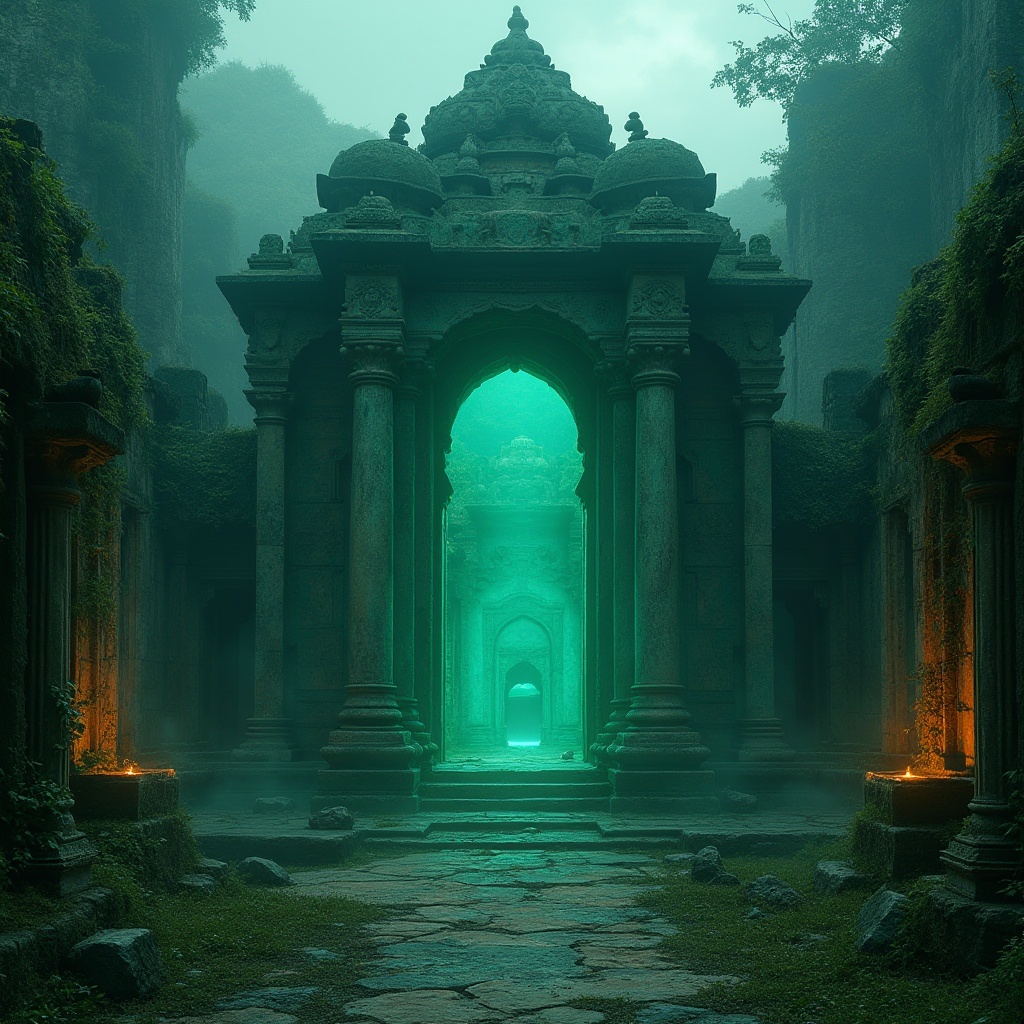 Prompt: Ancient monument, majestic architecture, incorporating Malachite color, green-blue iridescent hue, ornate carvings, intricate patterns, grand entrance, imposing pillars, mysterious ambiance, misty atmosphere, twilight hour, warm soft lighting, cinematic composition, 3/4 view, ruins, abandoned, overgrown with vines, moss-covered, weathered stone, earthy texture.