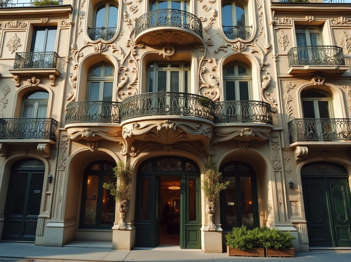 Prompt: Art Nouveau building facade, ornate plastered concrete decorations, organic flowing curves, botanical motifs, intricate ironwork, grand entrance, rounded archways, ornamental columns, balconies with sinuous railings, Parisian streetscape, warm afternoon light, soft focus, shallow depth of field, vintage color palette, cinematic composition, 3/4 view.