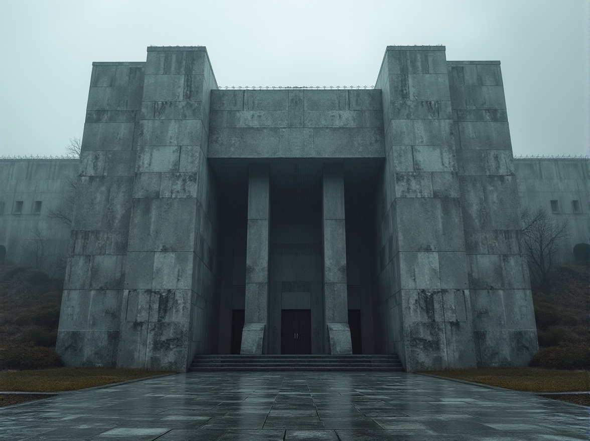 Prompt: Brutalist architecture, granite material, rough texture, monumental structure, raw concrete walls, fortress-like building, dramatic shadows, low-angle shot, strong geometric shapes, cold tone, industrial atmosphere, urban cityscape, rainy day, misty background, detailed stonework, rugged facade, imposing entrance, heavy doors, minimalist landscaping.