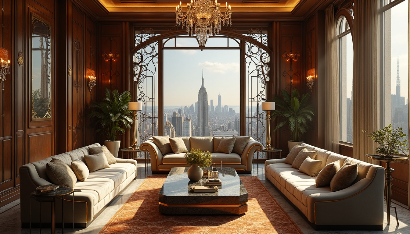 Prompt: Luxurious living room, Art Deco style, 1920s inspiration, geometric patterns, metallic accents, velvet sofas, marble coffee tables, ornate mirrors, crystal chandeliers, high ceilings, large windows, city skyline view, metropolitan atmosphere, soft golden lighting, 3/4 composition, shallow depth of field, cinematic ambiance.