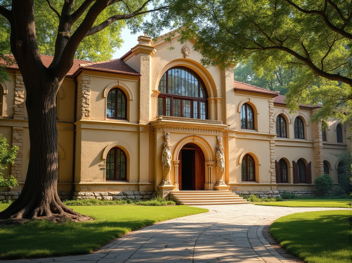 Prompt: Romanesque rehabilitation center, sandstone exterior walls, ornate arches, grand entrance, wooden doors, rustic stone floors, dimly lit interior, warm beige color scheme, vaulted ceilings, large stained glass windows, lush greenery surrounding building, mature trees providing shade, serene atmosphere, sunny afternoon, soft natural light, 3/4 composition, warm color tone.