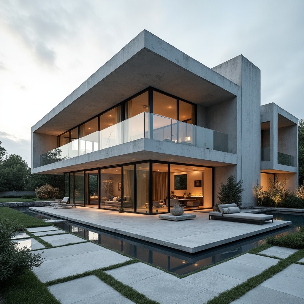 Prompt: Modern residential building, luxurious villa, concrete structure, minimalist design, clean lines, geometric shapes, large windows, sliding glass doors, indoor-outdoor connection, natural light, polished concrete floor, industrial chic interior, monotone color palette, urban landscape, cityscape background, dramatic shadows, low-angle shot, wide-angle lens, cinematic composition.