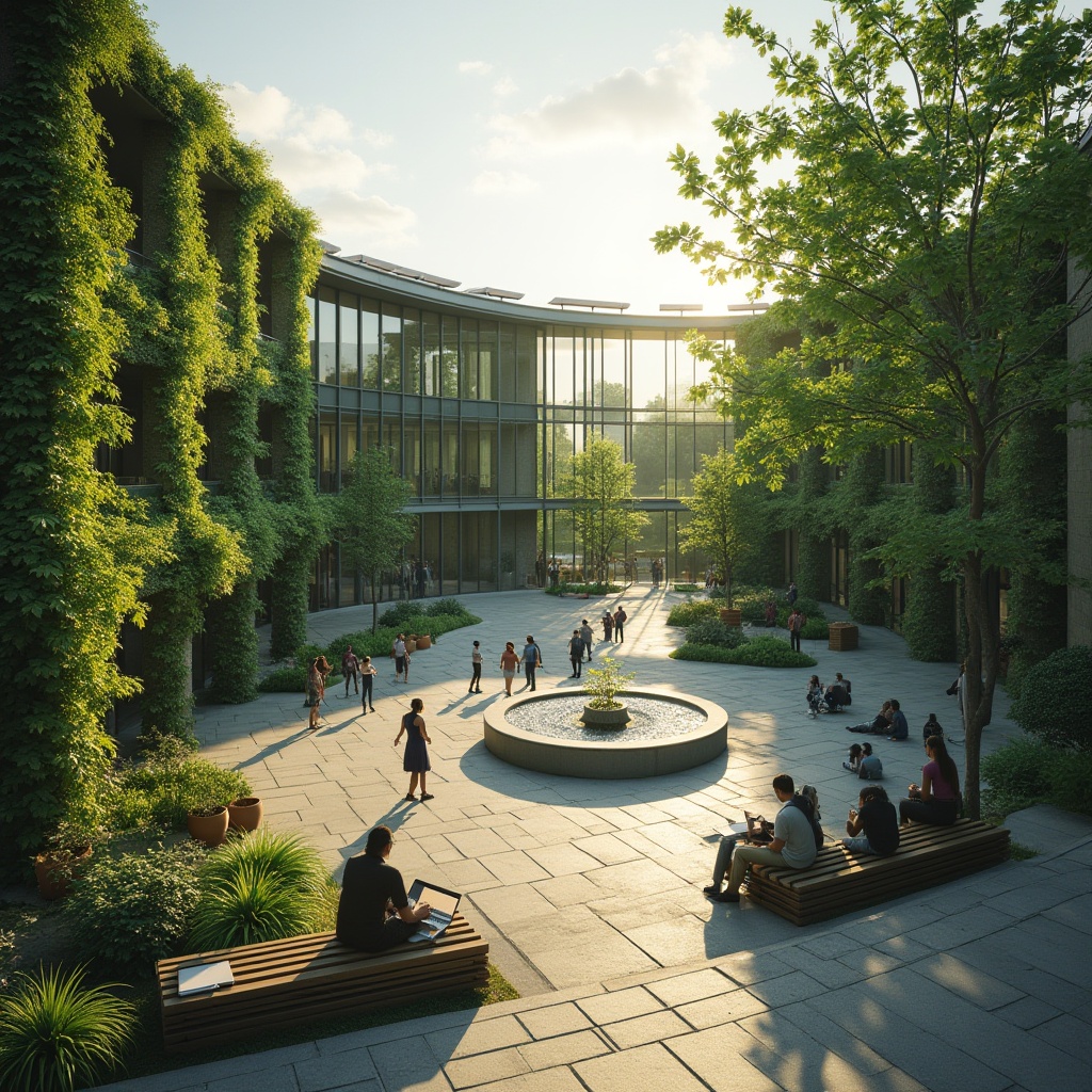 Prompt: Green campus architecture, modern university building, glass facade, lush green walls, vines crawling up pillars, solar panels on rooftop, courtyard with central fountain, natural stone pavement, wooden benches surrounded by potted plants, students socializing on steps, laptops and books scattered, warm afternoon sunlight casting long shadows, soft focus background, cinematic composition, 3/4 view, shallow depth of field.