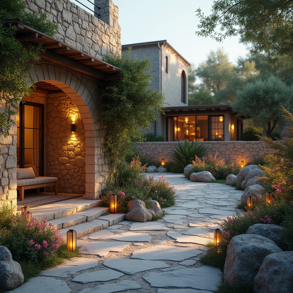 Prompt: Masonry material, outdoor space, modern villa, Mediterranean architecture, stone walls, rough-hewn rocks, natural texture, rustic charm, lush greenery, blooming flowers, garden benches, wooden accents, lanterns, evening ambiance, soft warm lighting, 3/4 composition, shallow depth of field, realistic rendering, atmospheric perspective.