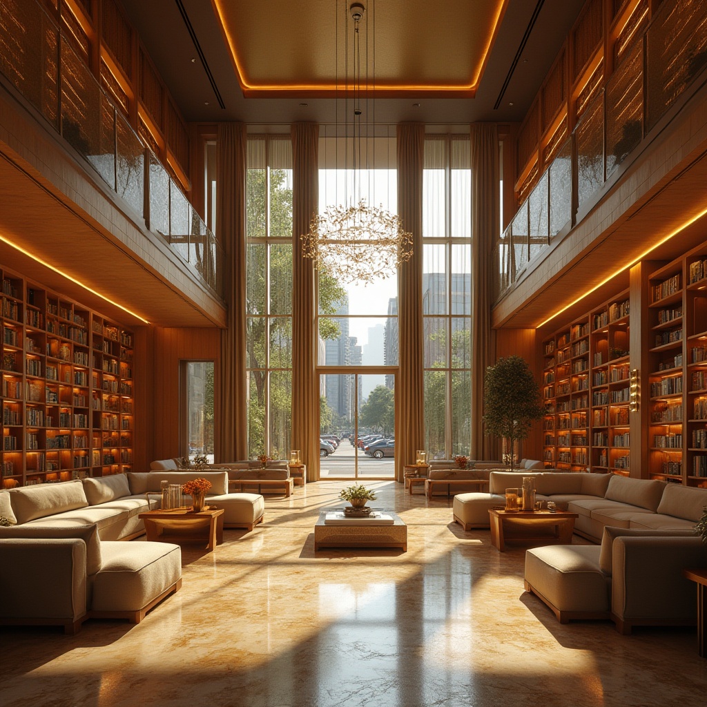 Prompt: Golden color scheme, modern library interior, cozy atmosphere, warm lighting, wooden bookshelves, comfortable sofas, minimalist coffee tables, elegant chandeliers, grand staircase, marble floors, tall windows, natural light pouring in, urban cityscape outside, busy streets, 3/4 composition, soft focus, shallow depth of field, realistic texture, ambient occlusion, cinematic mood.