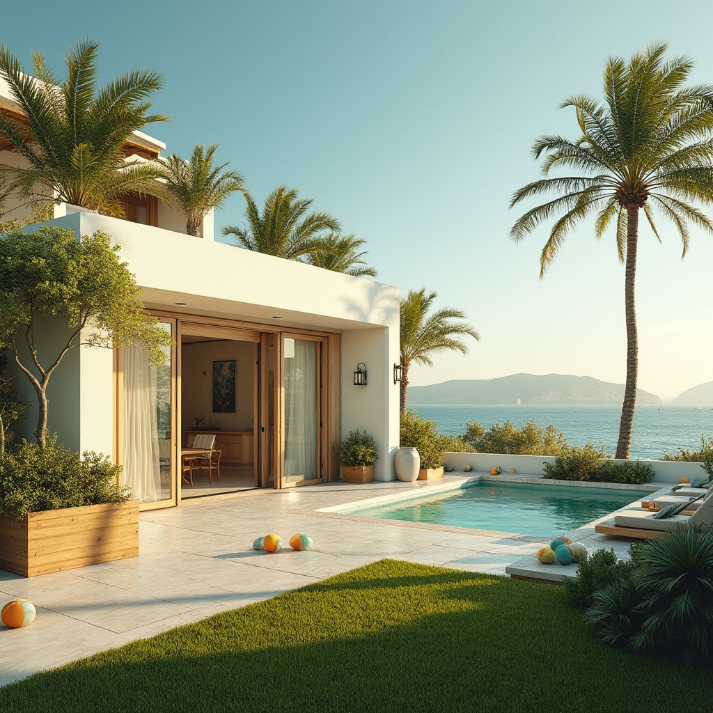 Prompt: Vibrant coastal villa, eclectic mix of modern-minimalist and Mediterranean styles, white stucco exterior, curved lines, ornate wooden doors, large windows with shutters, lush greenery overflowing from planters, colorful beach balls scattered on the lawn, mature palm trees swaying gently, turquoise ocean views, distant sailboats, warm golden sunlight casting long shadows, soft focus, cinematic composition, 3/4 angle, morning misty atmosphere, serene ambiance.