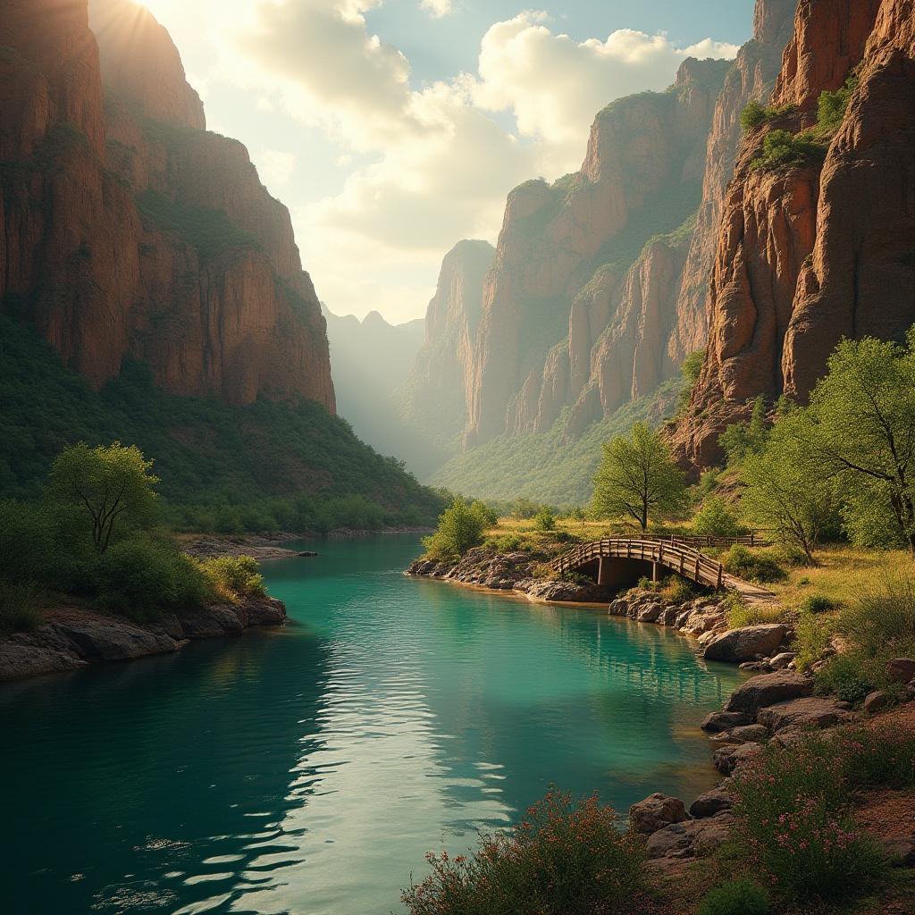 Prompt: Canyon landscape, majestic grandeur, rocky cliffs, winding river, serene water reflection, vibrant turquoise pool, lush greenery, rare wildflowers, wooden pedestrian bridge, rustic stone walls, ancient petroglyphs, warm golden light, dramatic clouds, cinematic composition, atmospheric mist, 3/4 shot, soft focus background.