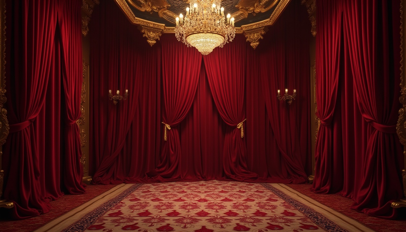 Prompt: Luxurious, burgundy-colored, velvet curtains, draped elegantly, grand chandelier, ornate gold frames, lavish, French Renaissance-inspired interior, opulent, heavy drapery, regal atmosphere, warm lighting, rich textures, velvety smooth, intricate patterns, luxurious fabrics, majestic backdrop, 3/4 composition, low-angle shot, dramatic shadows.