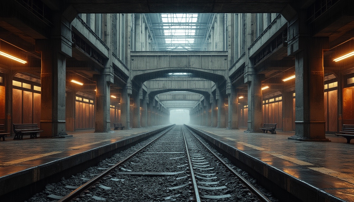 Prompt: Industrial train station, brutalist architecture, copper accents, oxidized copper walls, rough concrete pillars, exposed ductwork, industrial lighting, urban atmosphere, rainy day, misty windows, metallic sounds, modern minimalist benches, rusted steel beams, granite floors, geometric shapes, angular lines, monumental scale, dramatic shadows, low-key colors, urban jungle, cityscape background.