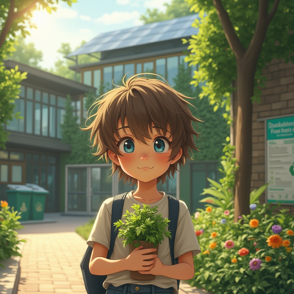 Prompt: Middle school student, curious expression, messy brown hair, bright blue eyes, casual uniform, holding a green plant, standing near a modern sustainable building, solar panels on the roof, lush green walls, natural light pouring through large windows, recycling bins nearby, vibrant flower beds, walking path made of recycled materials, soft morning sunlight, gentle breeze, educational posters on the wall, 3/4 composition, shallow depth of field, warm and inviting ambient lighting.