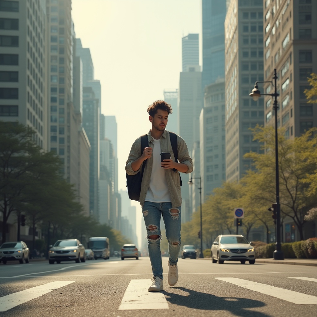 Prompt: Urban cityscape, khaki color tone, modern skyscrapers, concrete jungle, bustling streets, pedestrian crossing, street lamps, urban plants, young adult, casual wear, ripped jeans, white sneakers, backpack, smartphone, coffee in hand, walking, morning commute, soft sunlight, shallow depth of field, cinematic composition, wide-angle lens.