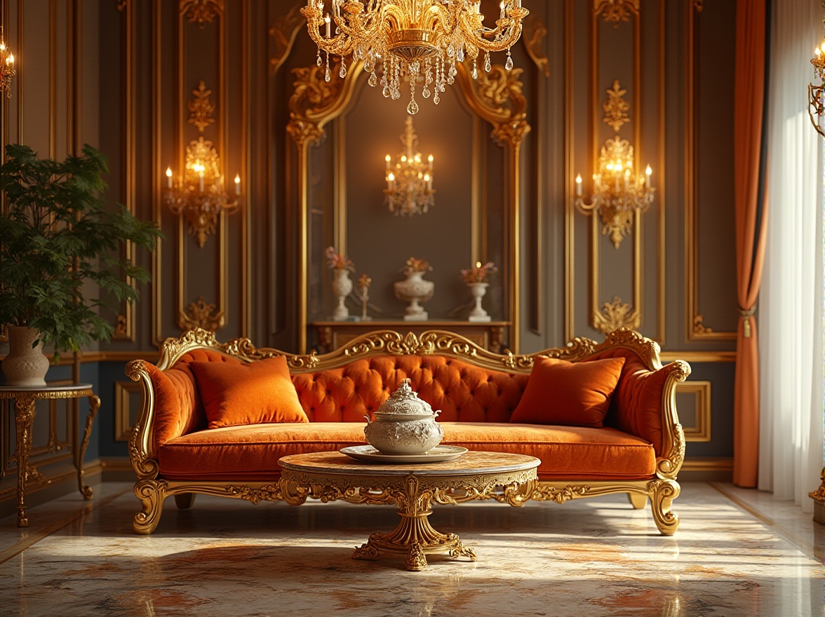 Prompt: Luxurious interior, golden accents, ornate decorations, lavish furnishings, rich velvet sofa, golden frame coffee table, crystal chandelier, marble floor, intricate patterns, warm ambiance, soft golden lighting, elegant atmosphere, 3/4 composition, shallow depth of field, cinematic mood, high-end materials, opulent textures.